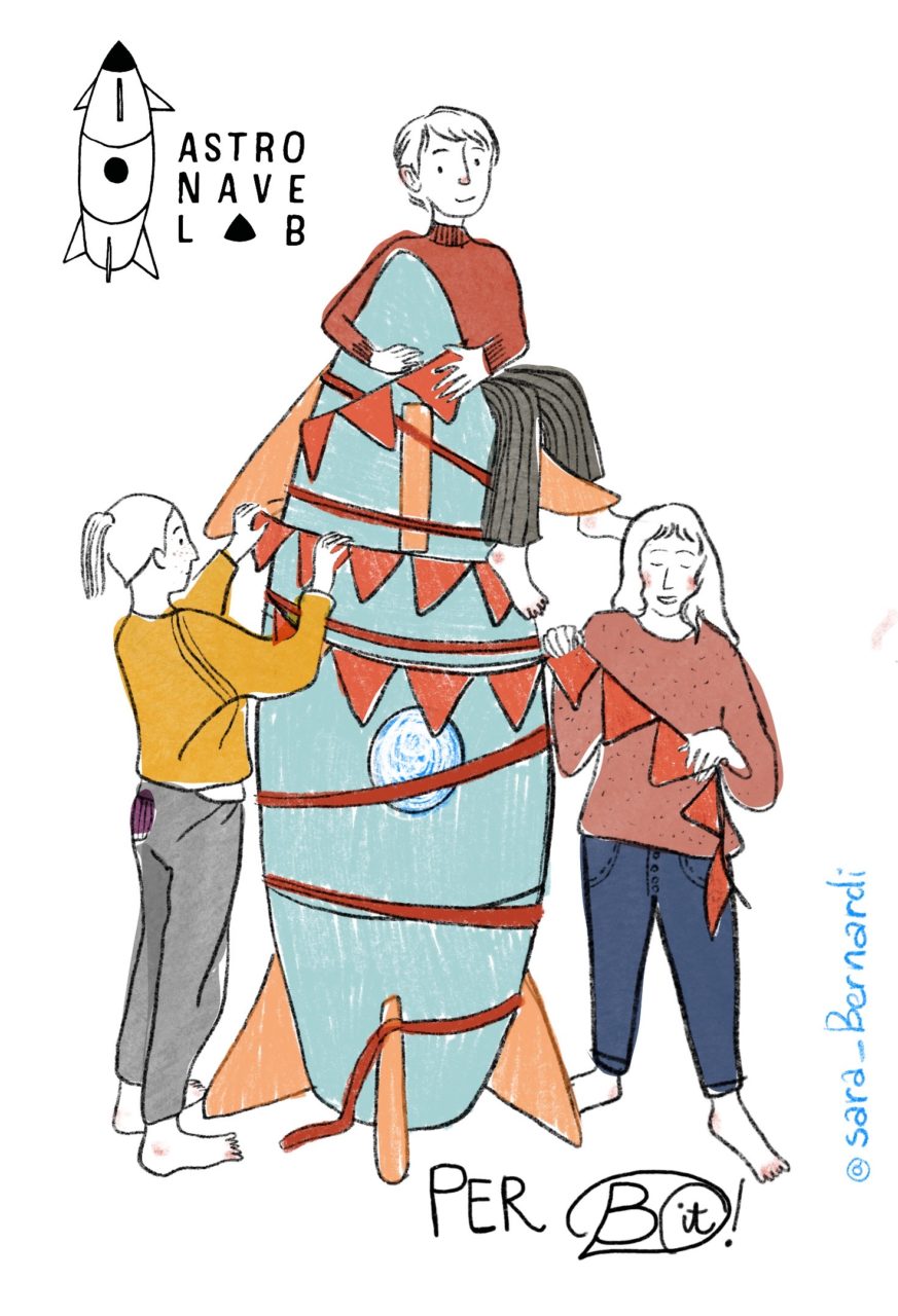 illustrazione realizzata da Sara Bernardi per ringraziare Astronave Lab degli arredi che hanno decorato lo stand di BOit! alla Bologna Children’s Book Fair